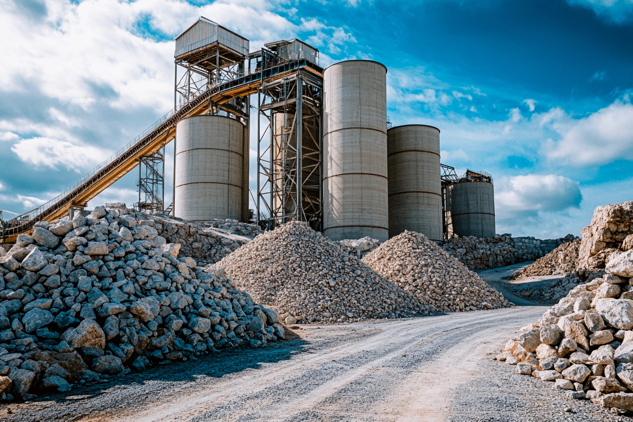 Industrial landscape showcases towering silos and rocky terrain under a vibrant sky Massive silos stand tall amidst piles of stones, showcasing a bustling construction site. Heavy machinery works tirelessly as the sun casts an inviting glow over the rugged landscape.