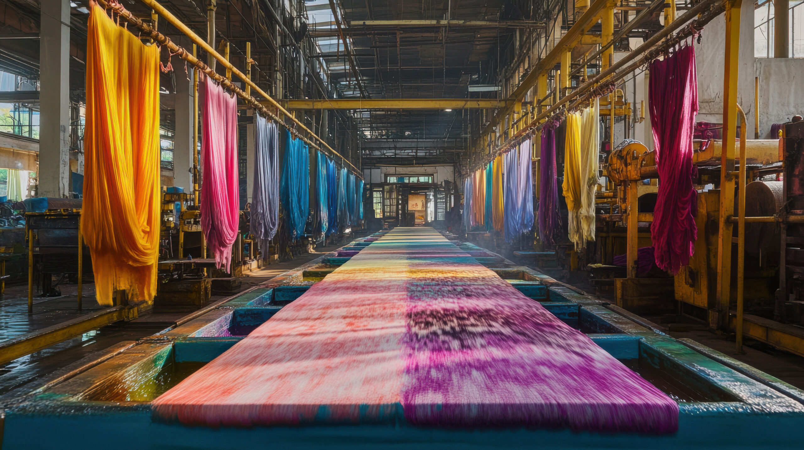 Textile dyeing factory in India, with colorful fabrics being processed. Textile dyeing factory in India, with colorful fabrics being processed.